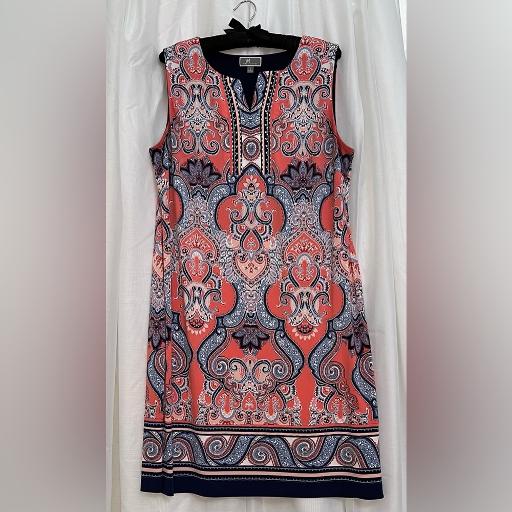 JM Collection women’s Coral, Navy and White sheath dress, size L.